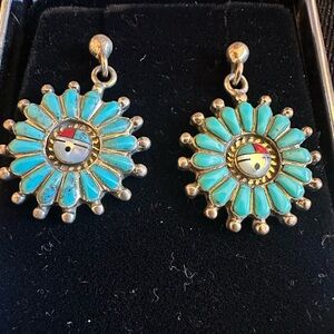 Sold Turquoise available lapis Zuni Sunface Drop Earrings - Vintage Sterling